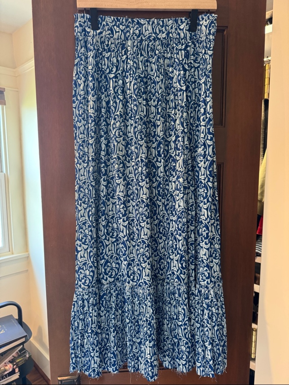 Zara Blue and White Printed tiered Maxi Skirt